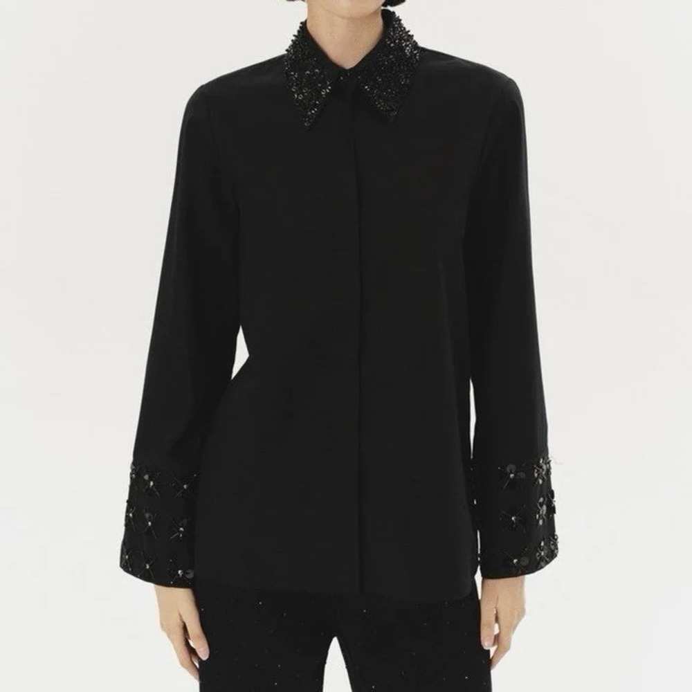 Anthropologie Exquise Billy Embroidered Beaded Cotton Shirt Blouse In Black Sz 6